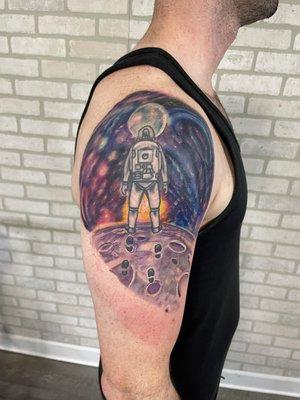 Cover up and coloring of astronaut tattoo. I don't want to post the before just so that people don't think it's Nathan's work