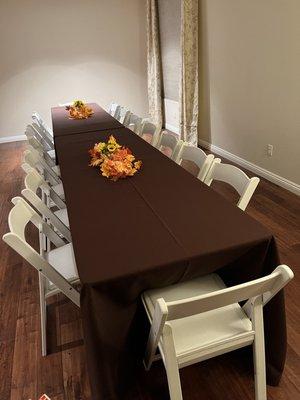 Table cloth, padded chairs, 2 8ft tables