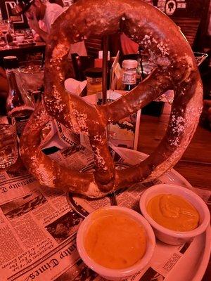 Giant Bavarian Pretzel with beer cheese and yellow mustard $11.99