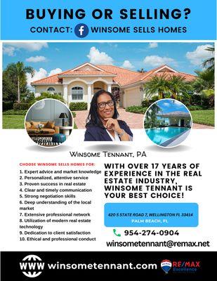 Winsome Tennant, Realtor®
RE/MAX Excellence
Telephone: 954-274-0904
Email: winsometennant@remax.net
www.winsometennant.com