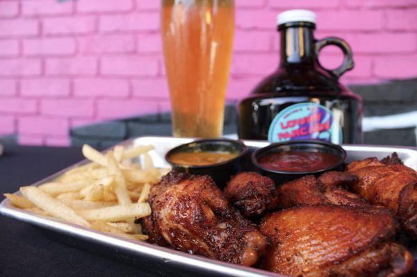 Our wings are cold smoked, then fried to crispy perfection.  Served with fries and your choice of sauce on the side.