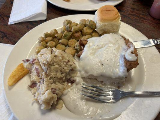 Country fried chicken and gravy, fresh mashed potatoes and fried okra