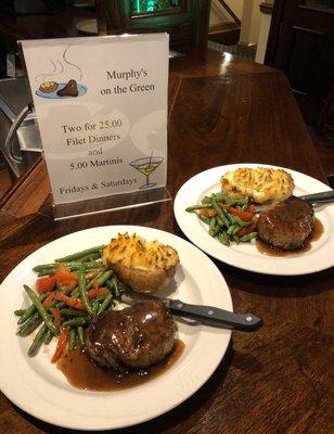 Friday 2 for $25 Dinner Special - 8 oz. Filet Mignon, served with chef's vegetables & homemade double-baked.