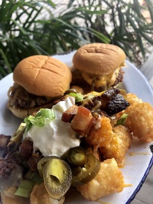 50/50 grinder sliders with crispy loaded tater tots