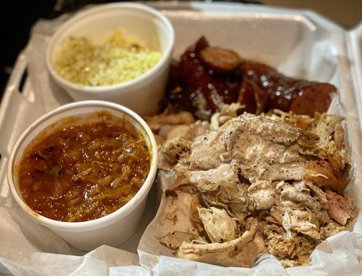 Combo Plate with Chicken, Sausage, Slaw and Beans