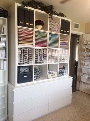 Kallax and Malm units stacked.  Stamp n Storage inserts.  Now all of my Stampin Up supplies have a home  and is so organized.