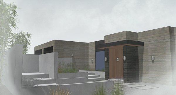 A front facade rendering of our contemporary custom home project on Cooper Mountain in Beaverton.