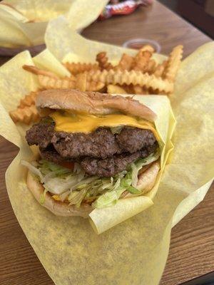 Green chili double cheeseburger and fries