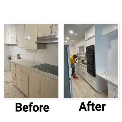 Kitchen cabinets painted, walls painted. Lighting added..