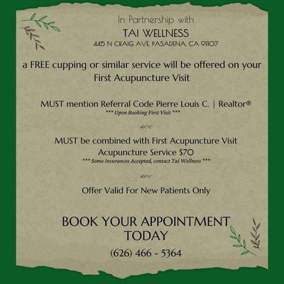 FREE cupping or similar service with your First Acupuncture Service!