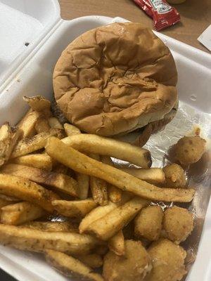 Hamburgers. Cajun fries and cheese balls.