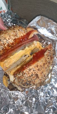 bagel bomb (pork roll egg & cheese on an everything bagel with a hashbrown and spk)