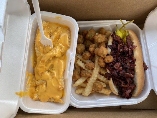 Nacho cheese fries, fried okra and the pastrami