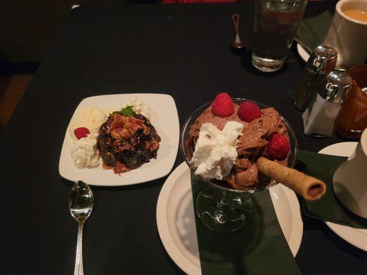 Chocolate Molten Cake w/Peanut Butter, Bacon & Vanilla Ice Cream. Dark Chocolate Mousse with Whipped Cream, Raspberries and Raspberry Syrup