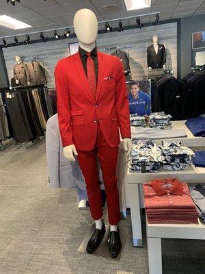 Red Suit, Red Pants, Black Shirt, Red Tie, Dress Shoes