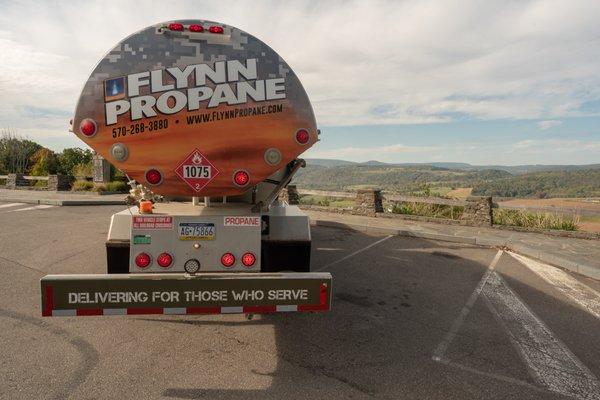 Flynn Propane truck overlooking the Endless Mountains of Pennsylvania near Wyalusing PA.