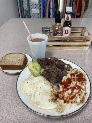 Steak and eggs w hash browns, avocado, gluten free toast and a large coffee!