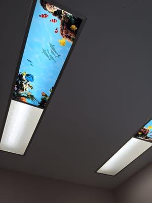 Ceiling panels to look up at during procedures.