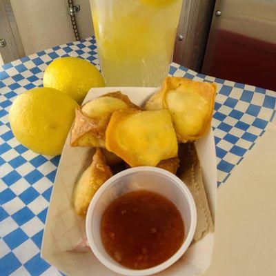 Cream cheese wontons with sweet chili dipping sauce and 32-oz Lemonade