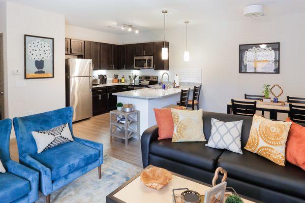 Common area in a loft inside Mercer Landing. Each loft comes fully furnished.