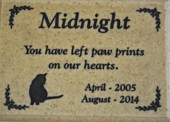 Cat memorial plaque made from  acrylastone plaque, name, dates and silhouette are engraved then painted.