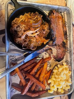 2 Meat 2 Side  Brisket, Pulled Pork, Sweet Fries, Mac