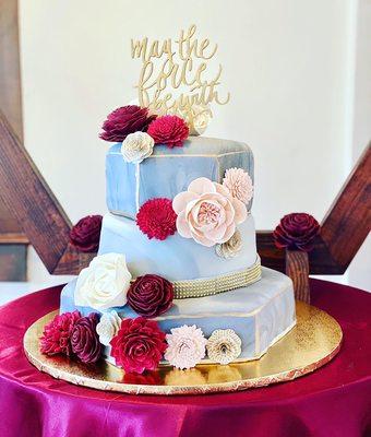 Hexagon marble cake with hand painted gold edges and hand made paper flowers