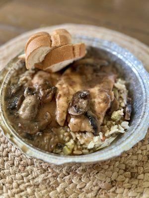 Chicken Marsala with rice and bread