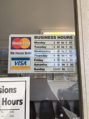 Business hours and what they take for credit cards :)