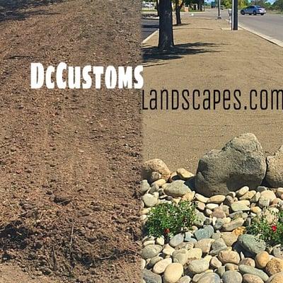 Dirt before..  After Moss Rock/compacted dg/cobblestone w/ carpet roses.