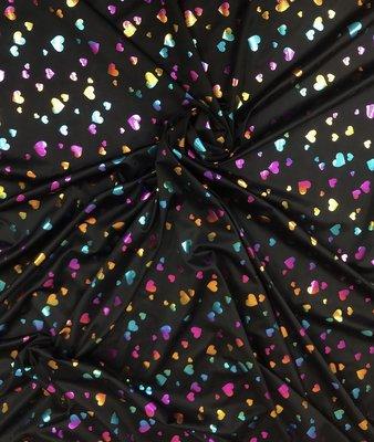 Multi Color Foil Hearts on Black Nylon Spandex 4 ways Stretch Fabric
FH-20-F