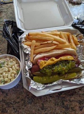 The Chicago dog with French fries and Mac salad!