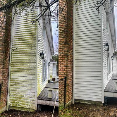 Siding cleaned using the soft wash method. No pressure was used to clean this siding