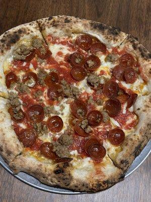 Pepperoni + sausage wood fired pizza 12" -$22