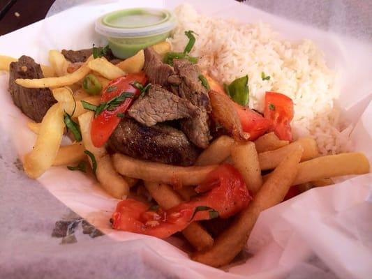 Lomo Saltado: Stir-fried beef, fries, rice | $11 (no bueno: dry, chewy beef w/ hard, undercooked rice)