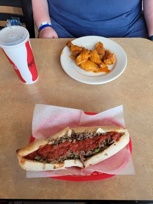 Special cheese steak and half-dozen wings