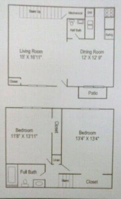 2 bedroom 1 1/2 bath towhome floorplan