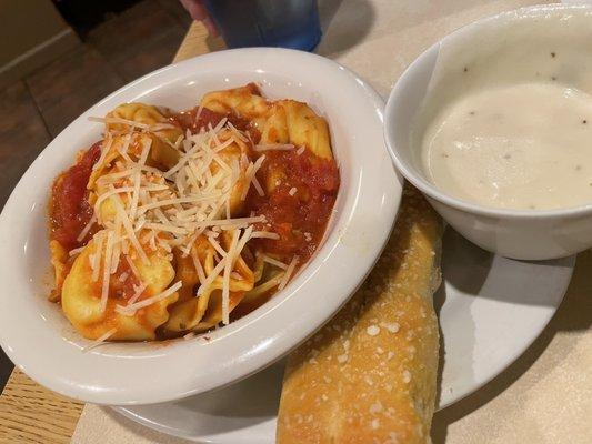 Five Cheese Tortalinni with Alfredo dipping sauce for the breadsticks.