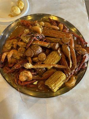 Snow crab, crawfish,shrimp, corn, potato and sausage