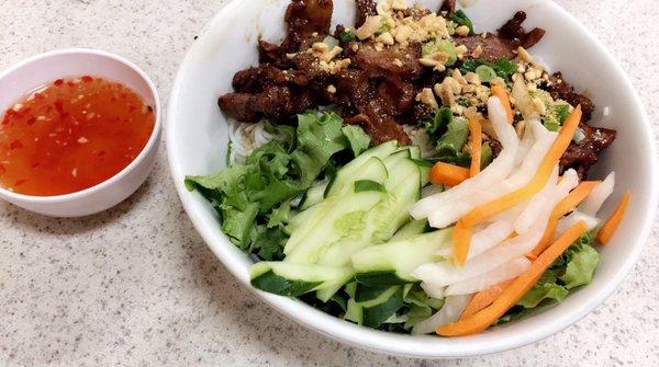 Bun thit nuong w/ nuoc mam. ( Charbroiled beef with vermicelli noodles and fish sauce )