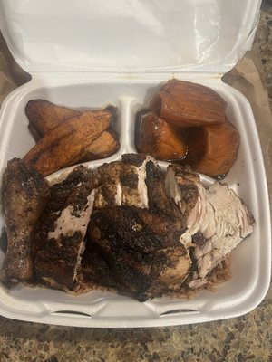 Mixed Jerk chicken, yams, plantains