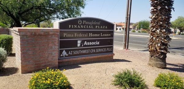 Marquee sign showing AZ Southwest CPA Services, PLLC at the Pima Federal Financial Plaza.