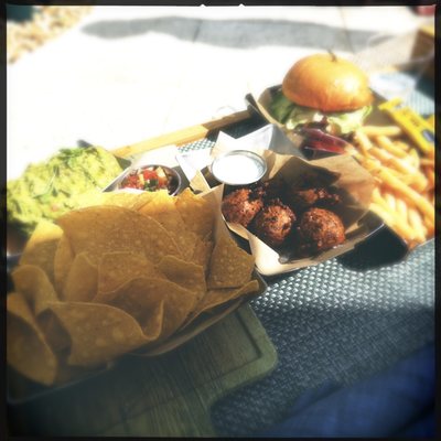 Guacamole and Chips, Zucchini Fritters, Palm Cove Burger