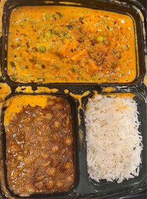 Methi Matar Paneer Malai Lunch with Chana Masala, rice. Includes half Plain Naan