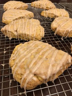 Pumpkin spice scones baked fresh and dripping with cinnamon icing.