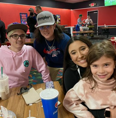 My kids and Niece having a great time bowling  Having pizza and nachos that were delicious