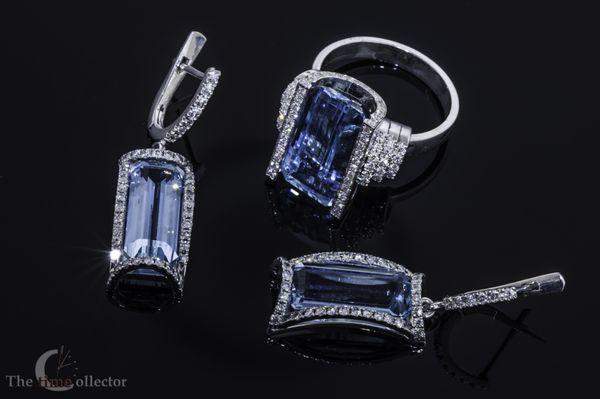 Aquamarine diamond set in white gold Designed & created by Versaille Jewelers.