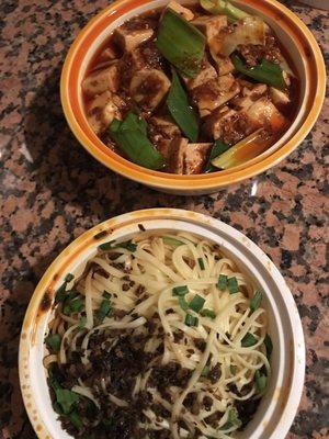 Mapo tofu and Dan Dan noodles (notice the flat noodles here)