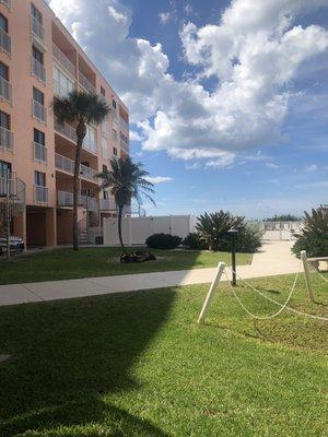 Beach condo walkway and balconies