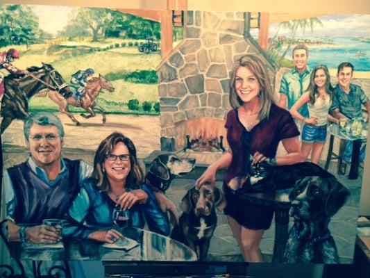 This is a 4ft x 6ft painting of a family that trained race horses. We included several pets, some current and some dearly departed